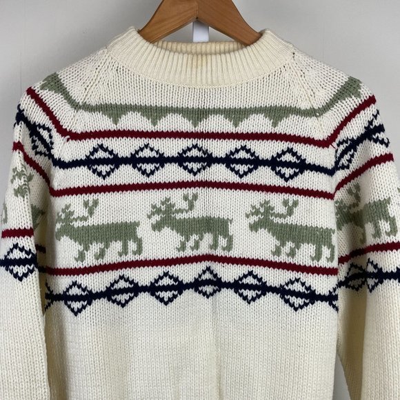 Vintage Sigallo Ivory Moose Stripe Sweater Winter Christmas Mens Large - Picture 2 of 6